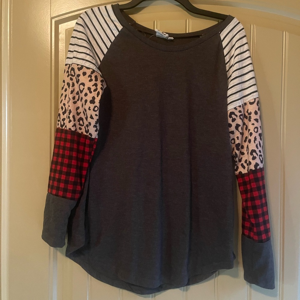Grace & Emma Colorblock Long Sleeve Top with Leopard and Plaid